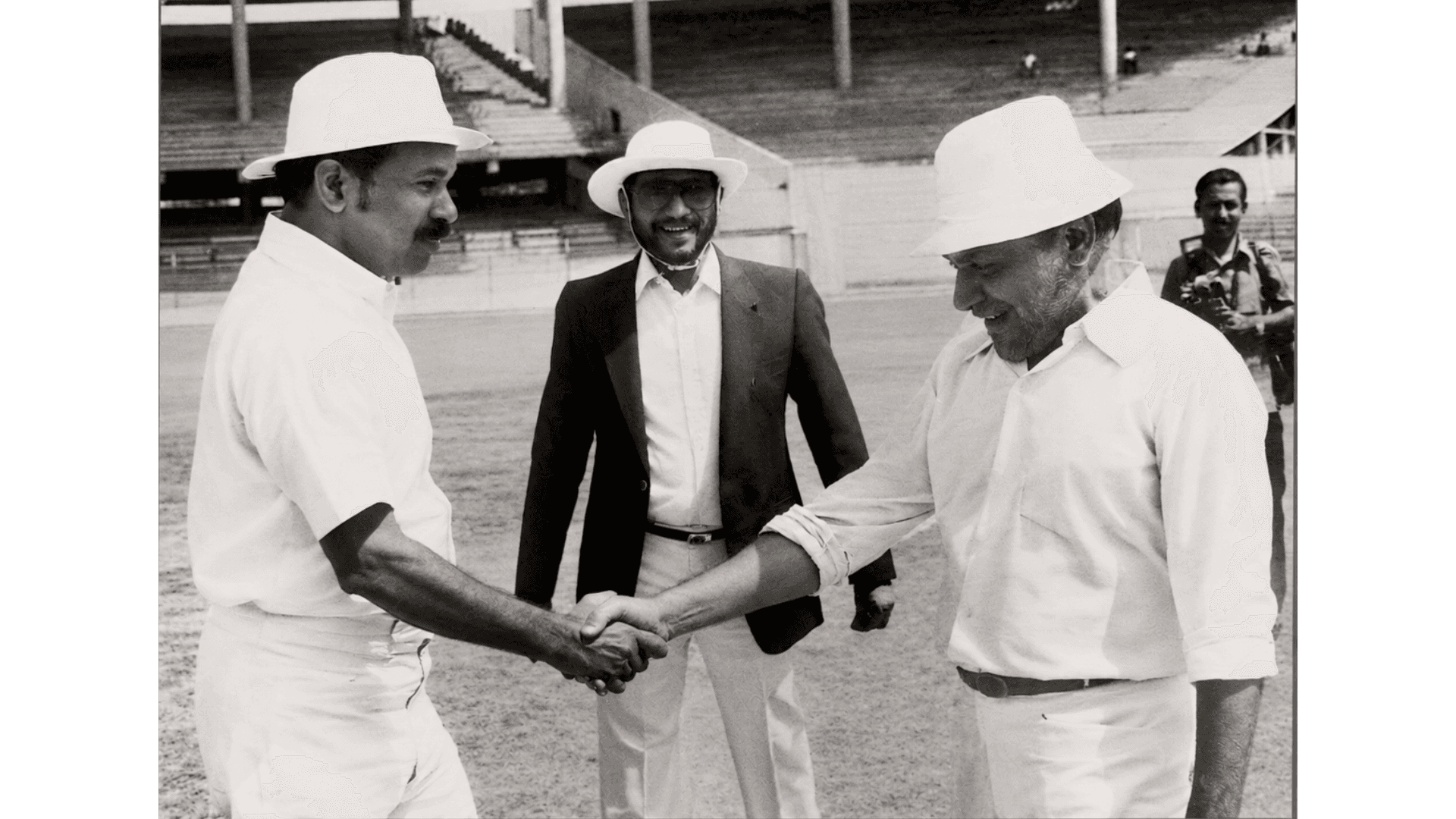 Archival photograph — At the coin toss before a friendly cricket match