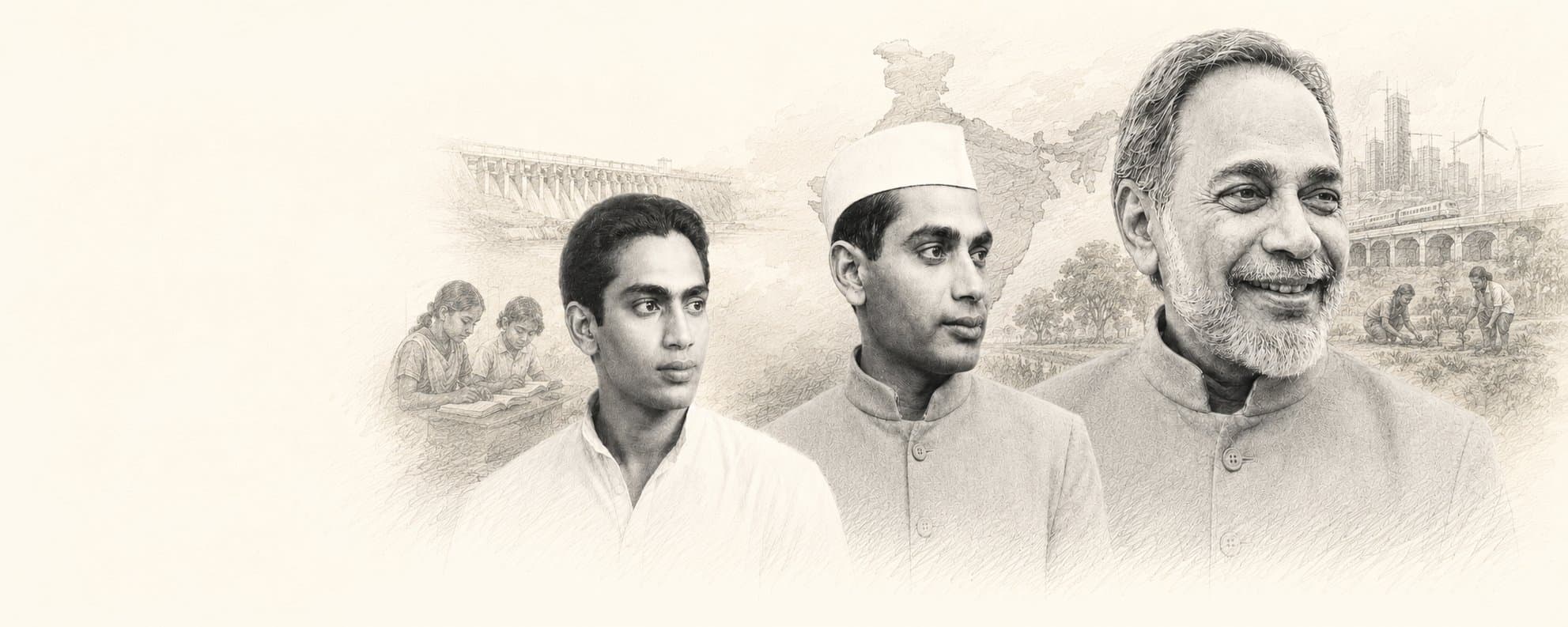 Pencil-sketch illustration of Ramakrishna Hegde across three life stages, over a map of India